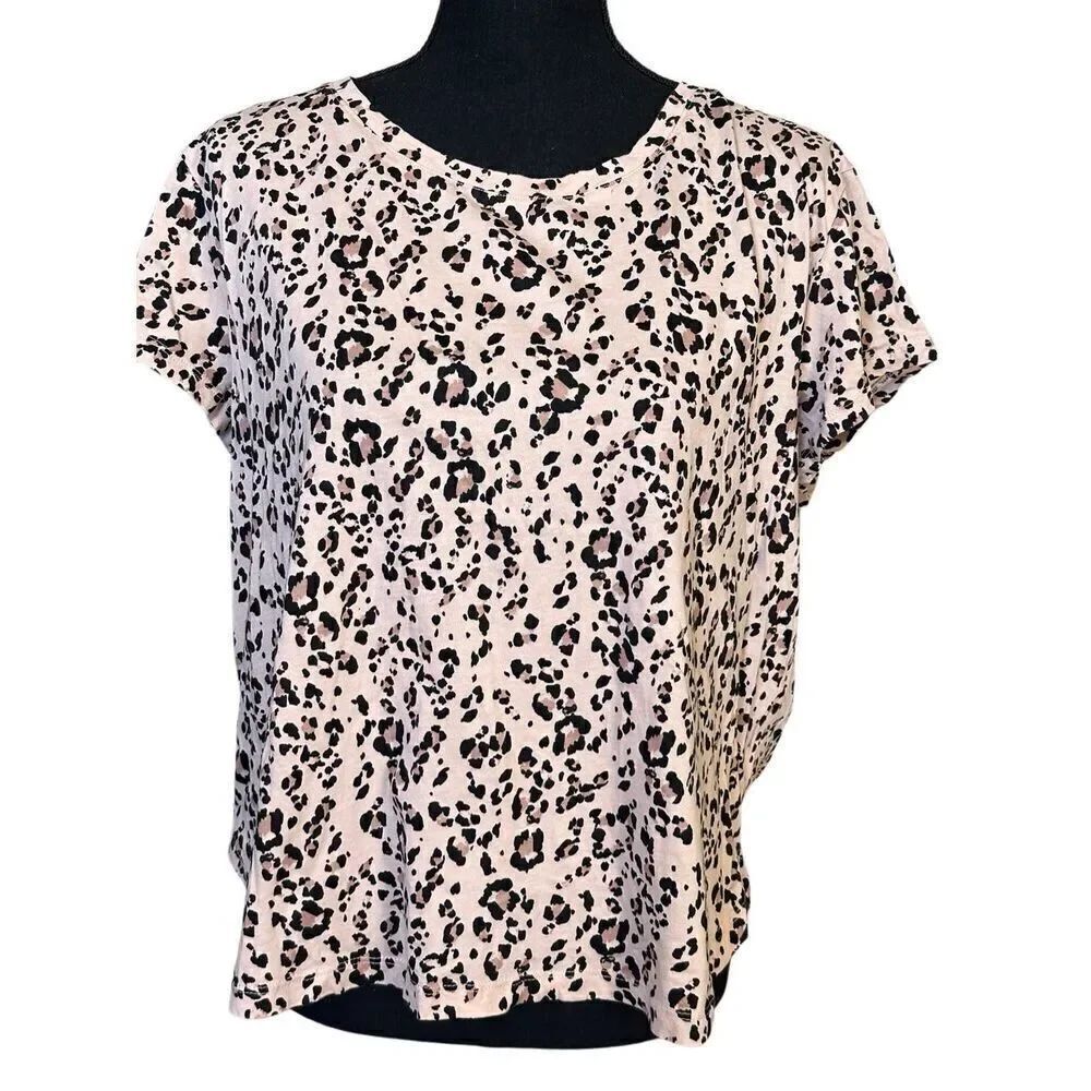 H & M Divided Blouse Women Leopard Animal Print Short Sleeve Sz Large